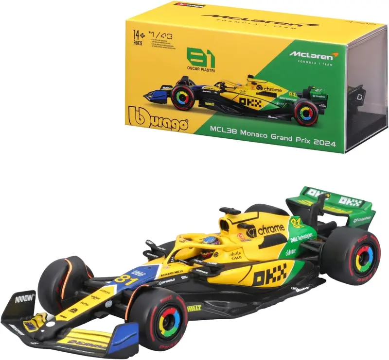 18-38215 Bburago McLaren F1 Team MCL38 #81 Piastri con casco Monaco Gran Prix 24