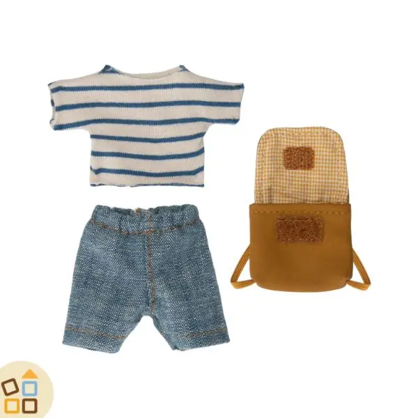 ABITI TOPO LITTLE BROTHER, JEANS MAGLIA RIGHE BLU E ZAINO