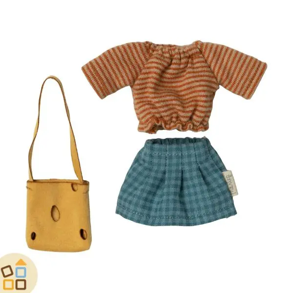 ABITI TOPO MUM, GONNA BLU, MAGLIA E BORSA FORMAGGIO