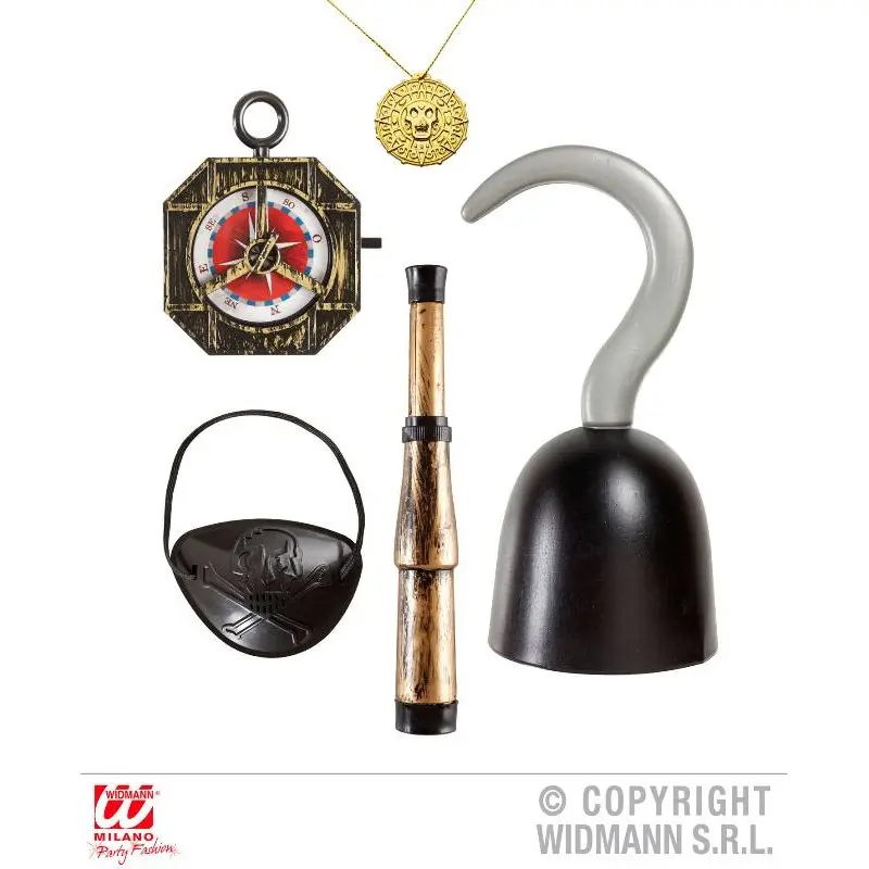 Accessori Pirata (Uncino, Bussola, Cannocchiale, Benda Per Occhio, Collana Con Medaglione)