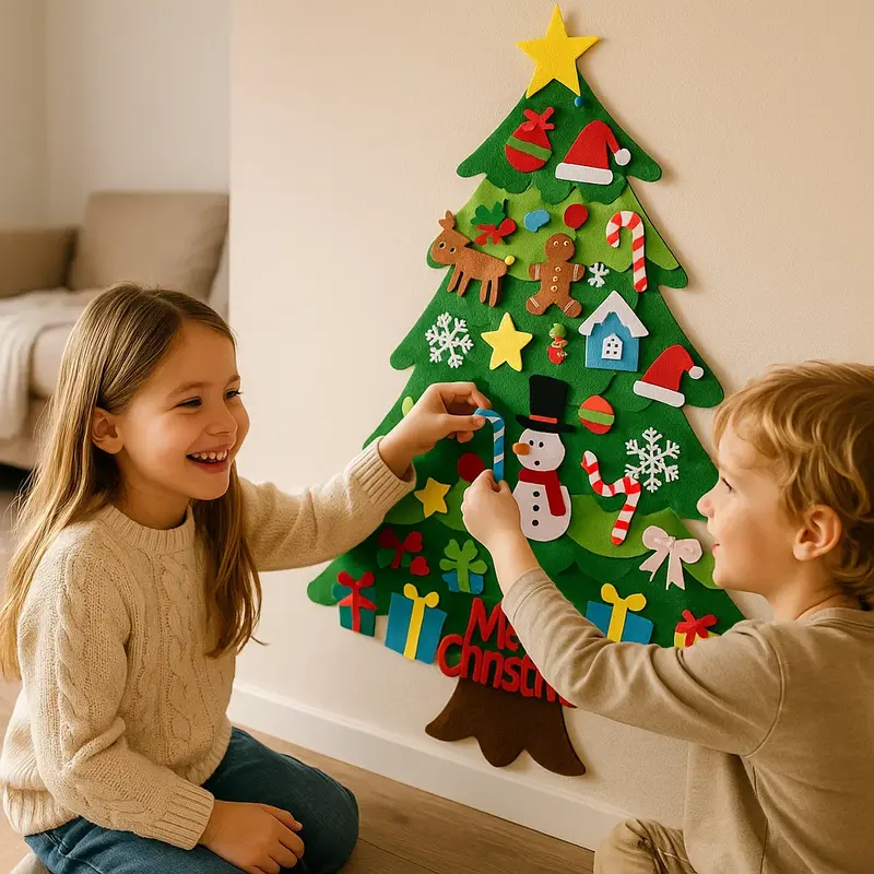 Albero di Natale in feltro fai da te per bambini | Decorazione da parete sicura con ornamenti rimovibili per giocare e divertirsi durante le vacanze