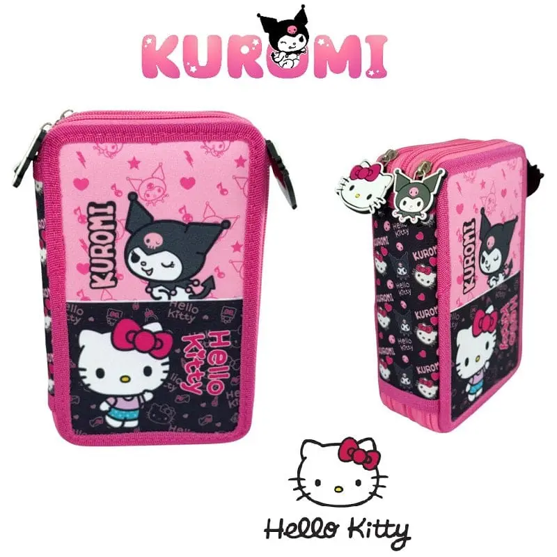 Astuccio 3 Zip Kuromi Hello Kitty che include 43 accessori Scuola Elementare e Media