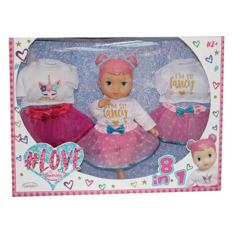 Bambola 38 cm Love 8 in 1, Bambolotto con Vestiti di Ricambio e Set Pappa