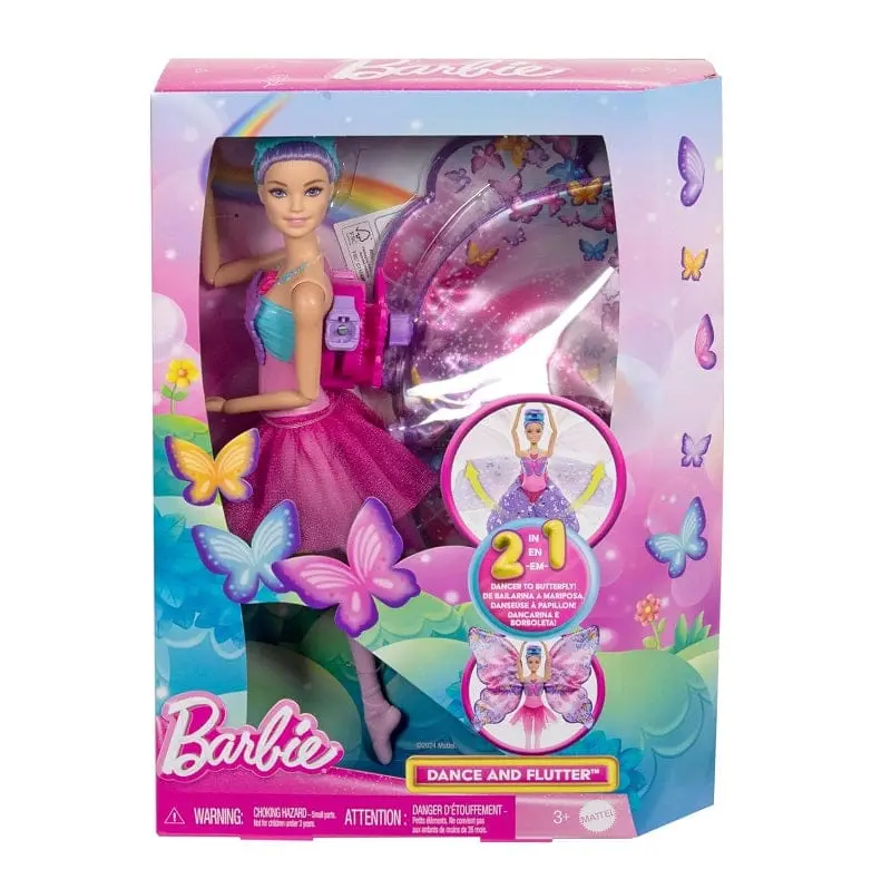 Barbie Ali Scintillanti, bambola dai capelli viola 2 in 1 da ballerina a farfalla con ali apribili