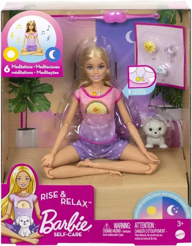 Barbie Benessere e Meditazione, Bambola bionda con luce e musica per la meditazione, cagnolino e 3 emoticon da collegare