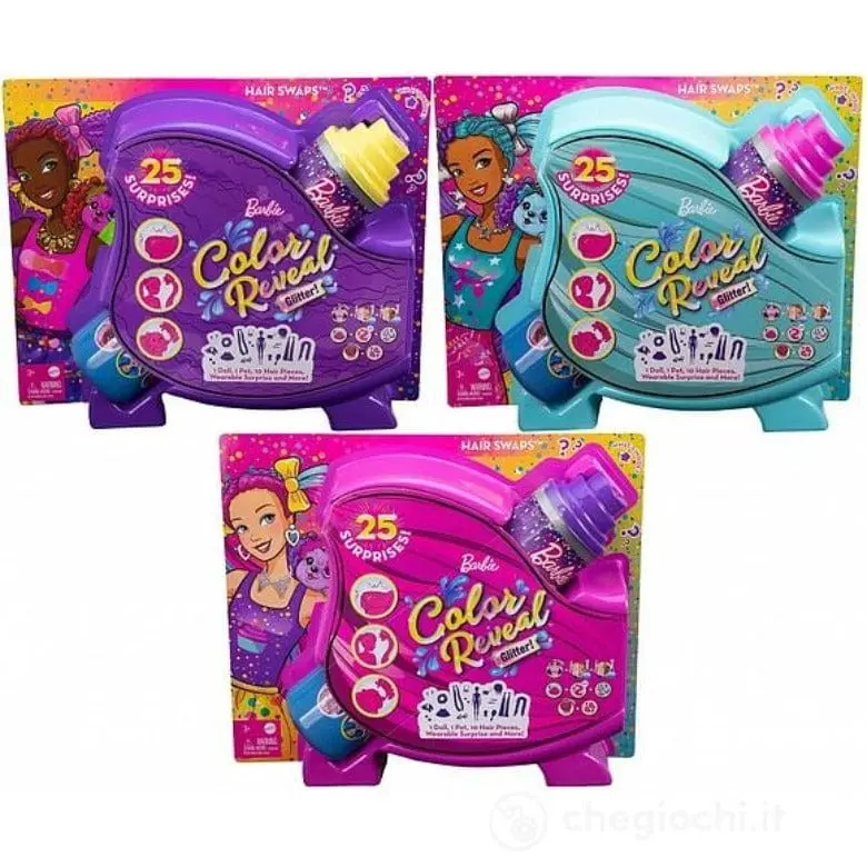 Barbie Color Reveal Glitter, Bambole con 25 acconciature e sorprese a tema festa, HBG38