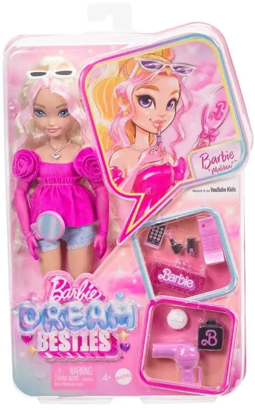 Barbie dream besties Malibu, bambola bionda con accessori