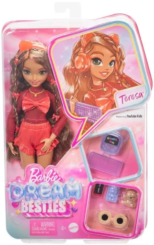 Barbie dream besties Teresa, bambola castana con accessori