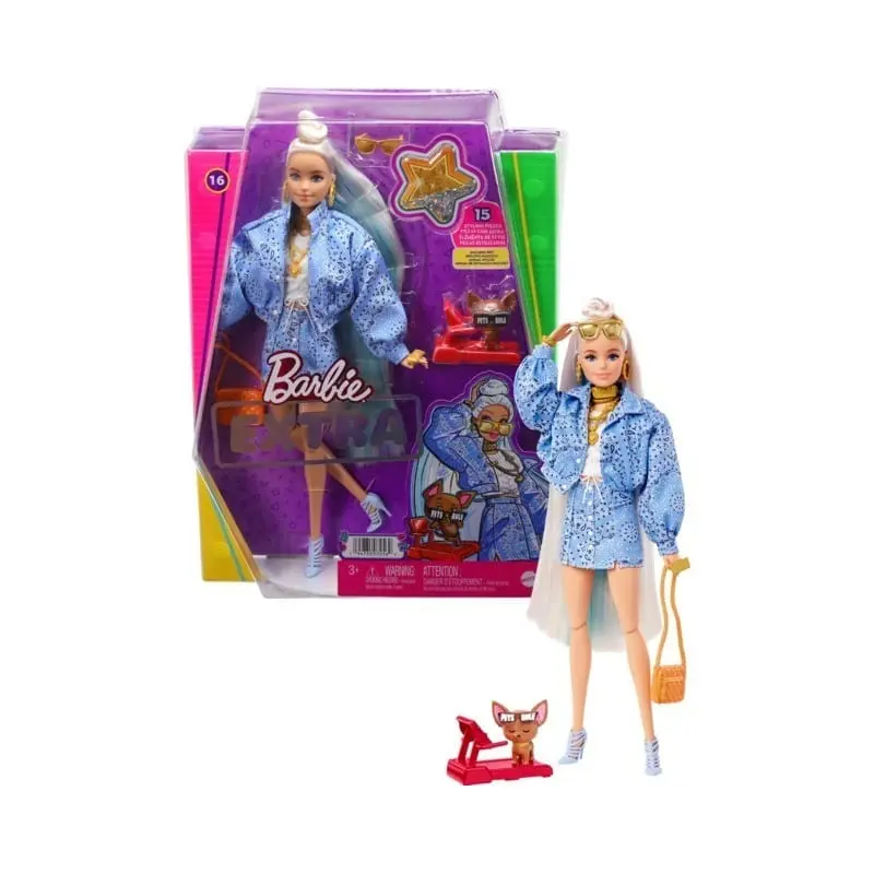 Barbie Extra Denim, Bambola capelli Biondi Cucciolo e 15 Accessori