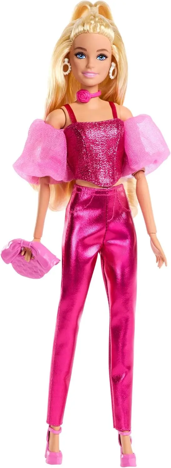 barbie fashionista deluxe metallic bionda con vestito rosa