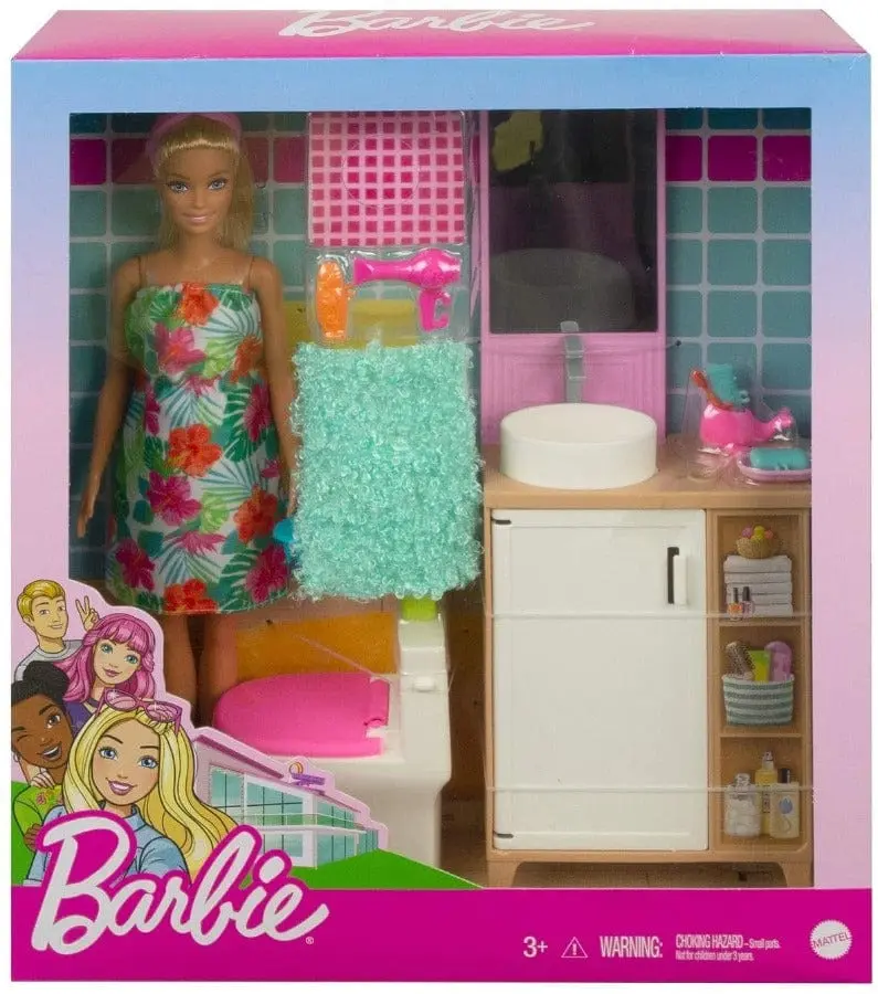Barbie Playset Bagno, Bambola con Lavello e Mobile Bagno GRG87