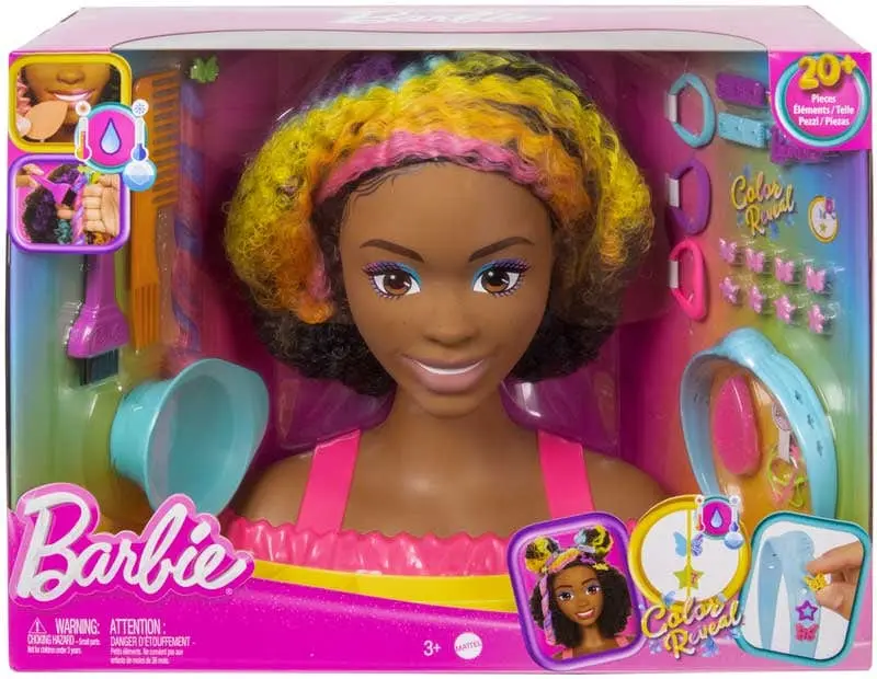 Barbie Super Chioma Arcobaleno Capelli Ricci Castano, Testa da Pettinare e truccare con accessori Color Reveal HMD79