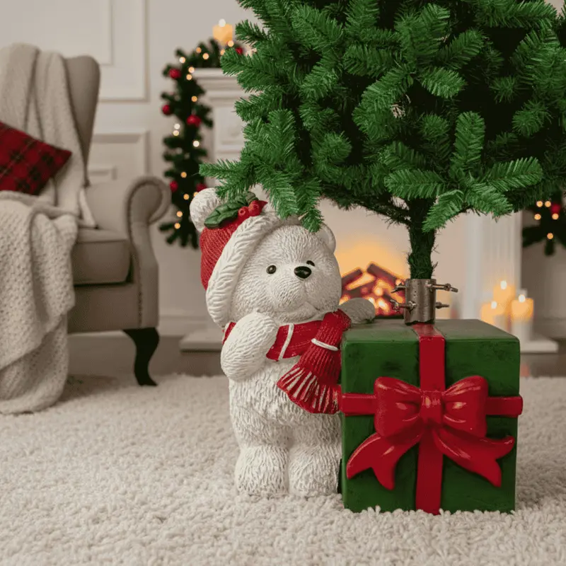 Base Albero di Natale Orsetto Bianco con Pacco Regalo Supporto Decorativo ZML2