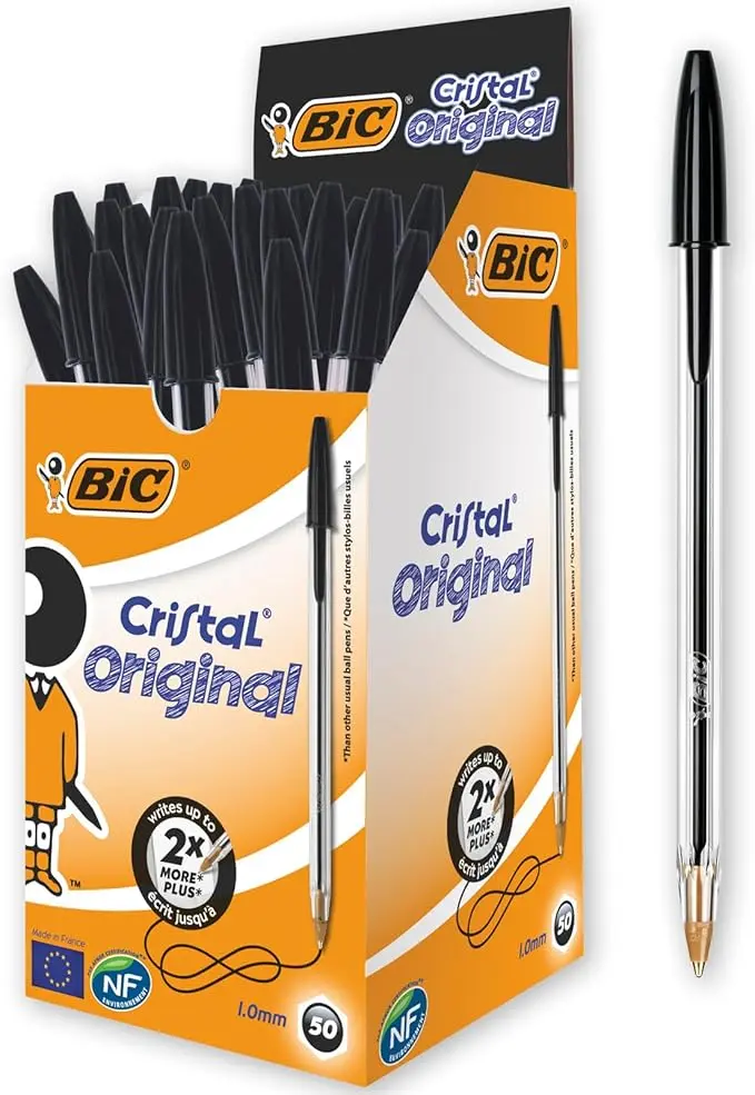 BIC Cristal Original, Penne Nere a Sfera, Punta Media (1.00 mm), Confezione 50 Penne