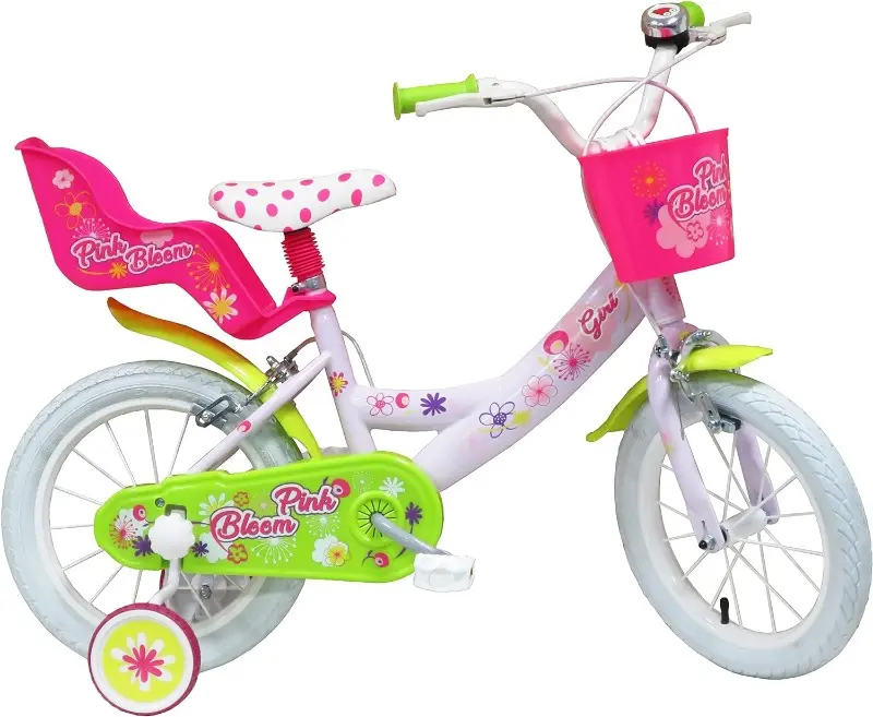 Bici Bambina 14 Pollici Pink Bloom, Bicicletta con Cesto e Porta bambole età 3-6 Anni
