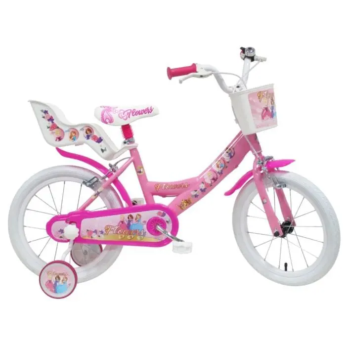 Bici Bambina 16 Pollici Flowers, Bicicletta con Cesto e Porta bambole età 4-7 Anni