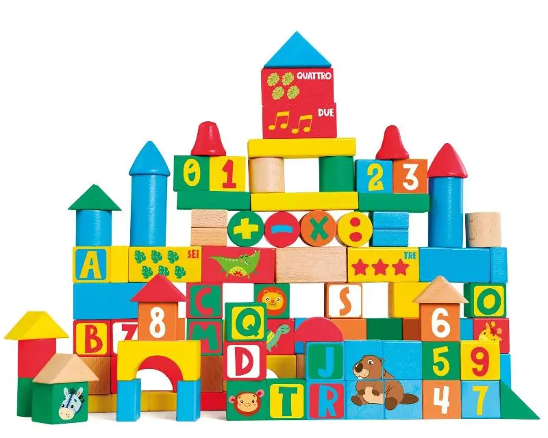 Blocchi di Costruzioni in Legno per Bambini, Secchiello da 100 Pezzi - Sevi