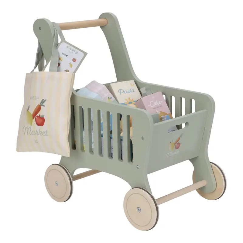Carrello della Spesa in Legno Verde con Accessori - Wooden Shopping Cart Green Essentials (LD2509)