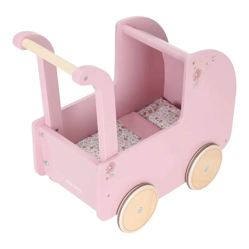 Carrozzina per Bambole in Legno Rosa - Wooden Doll Pram Pink Essentials (LD2475)