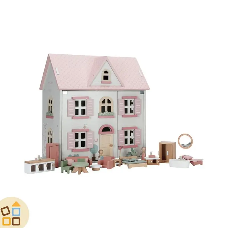 CASA DELLE BAMBOLE IN LEGNO CON ARREDI, ROSA
