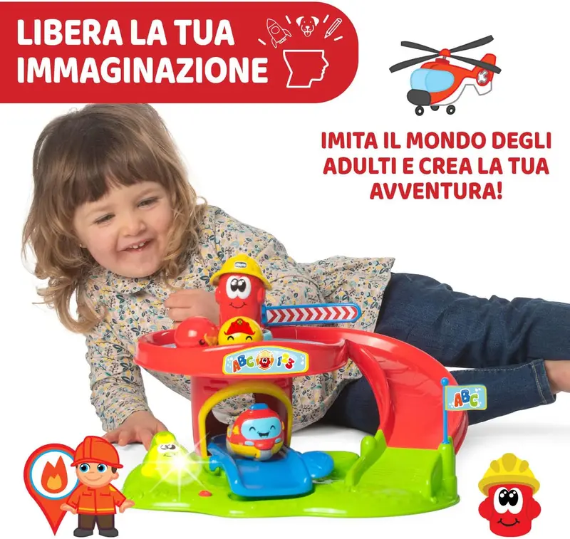 Chicco Caserma dei Pompieri, Centro Attività per Bambini Elettronico Parlante con Mini Veicoli Turbo Ball e Palline