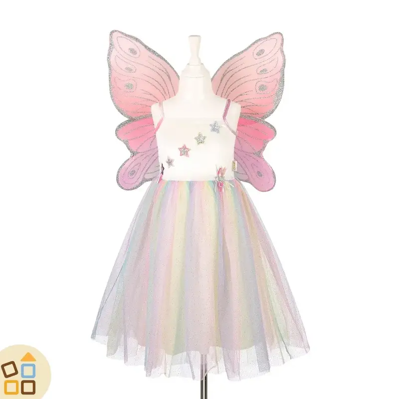COSTUME FATA, VESTITO CON ALI ARCOBALENO 8/10 ANNI
