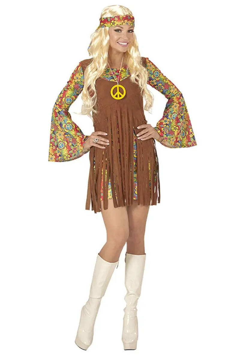Costume Ragazza Hippie (Vestito Con Gilet, Fascia Per Testa, Collana Segno Della Pace) (L)