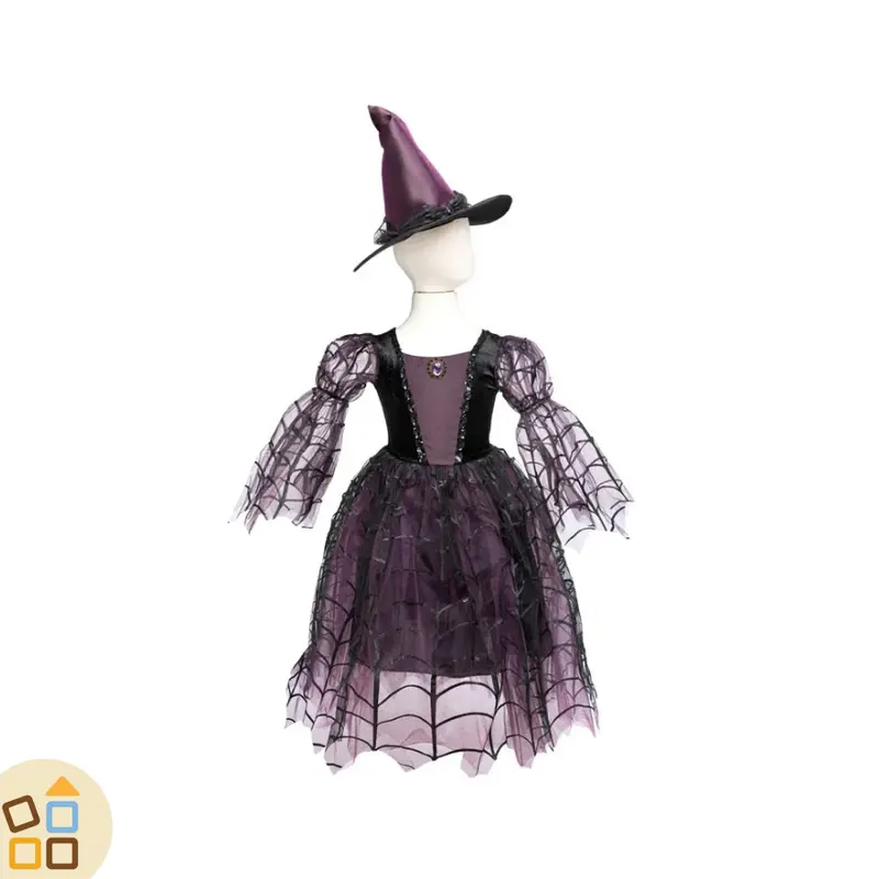 COSTUME STREGA DEI RAGNI, VIOLA/NERO CON CAPPELLO 5/6 ANNI