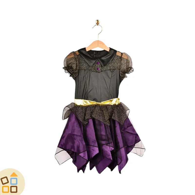 COSTUME STREGA, NERO ORO VIOLA CON CAPPELLO 6/8 ANNI