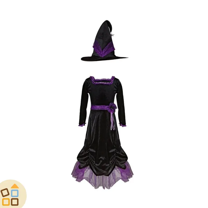 COSTUME STREGA, NERO VIOLA CON CERCHIO E CAPPELLO 7/8 ANNI