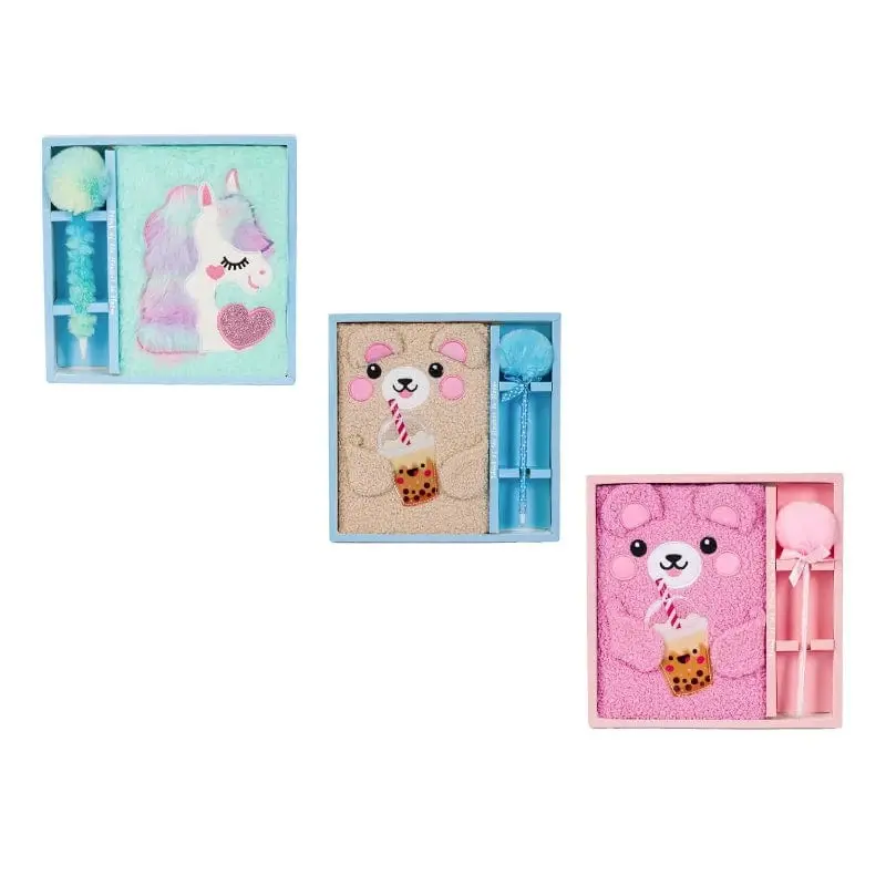 Diario A5 con Fodera in Peluche e Penna Pom Pom Unicorno, Orso e Lama