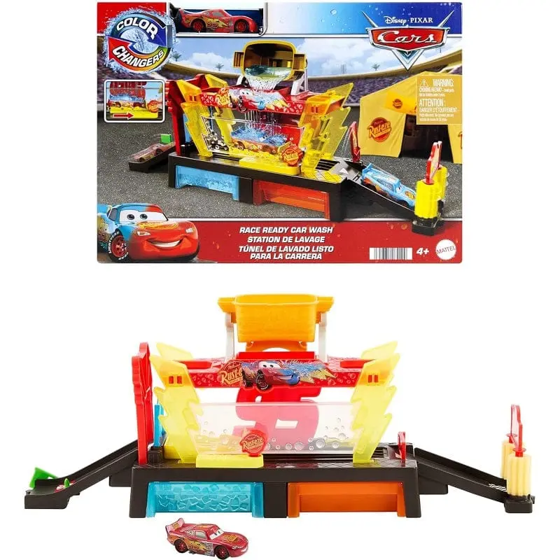 Disney Cars Autolavaggio Corsa cambia colore Playset con rampa e vasca lungo 50+ cm, include il veicolo Saetta McQueen