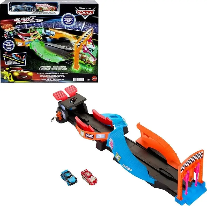 Disney Cars Pista Fluo Incrociata, pista e due macchinine che brillano al buio