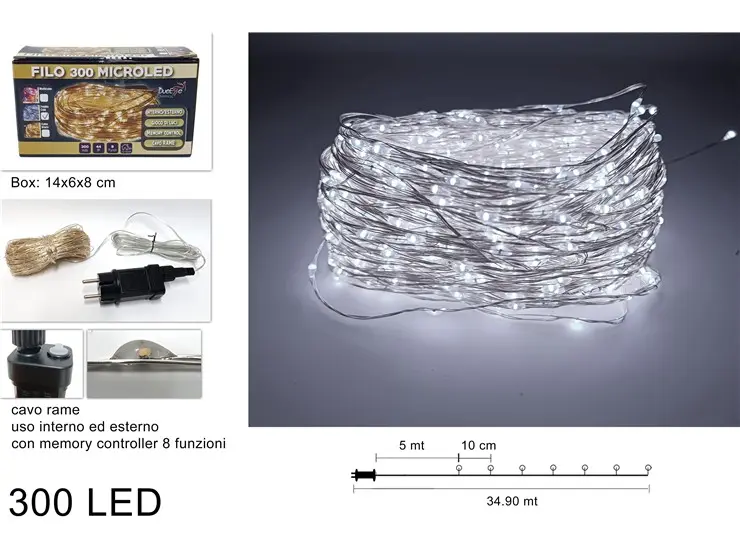 Filo 300 MicroLED bianco freddo con cavo in rame e trasformatore Luci natalizie