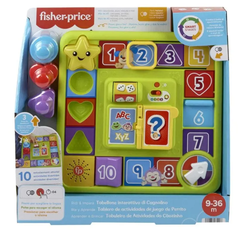 Fisher-Price Pannello Interattivo di Cagnolino versione multilingue, gioco sensoriale per neonati con luci e contenuti didattici Smart Stages +9 Mesi