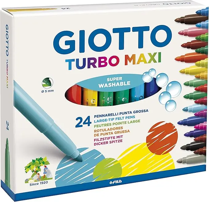 GIOTTO Turbo Maxi - Astuccio Da 24 Pennarelli A Punta Larga, 5 mm, Super Lavabili