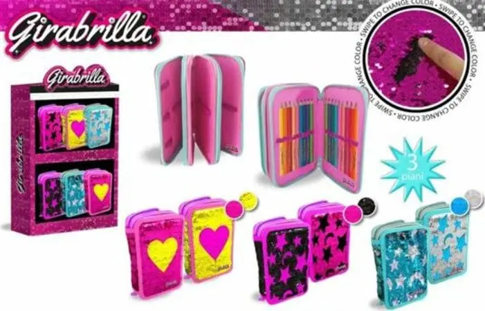 Girabrilla Astuccio 3 Zip, Portacolori Scuola con Paillettes cambia Colore