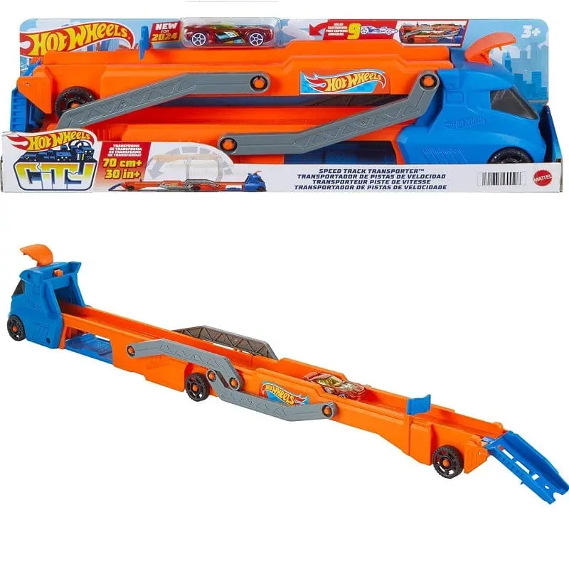 Hot Wheels Camion Trasportatore con Pista Super Velocità, diventa pista e può contenere fino a 9 auto