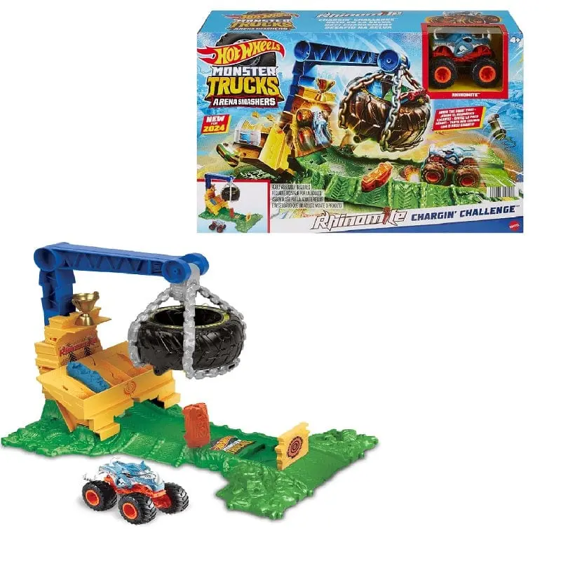 Hot Wheels Monster Trucks - Sfida Demolizione del Carico Rhinomite, playset Arena degli Scontri