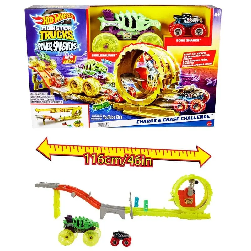 Hot Wheels Pista Monster Trucks Sfida Carica e Insegui, set pista con 2 truck in scala 1