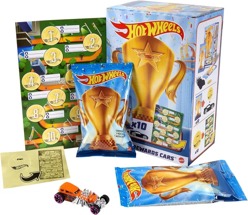 Hot Wheels- Set di 10 Veicoli a Sorpresa Impacchettati Singolarmente e 10 Adesivi