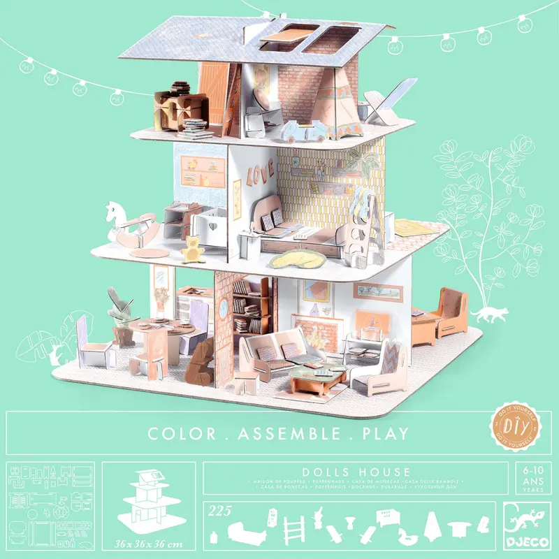 Kit fai da te Djeco - Costruisci e colora - Casa delle bambole