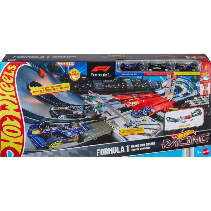 Mattel JDY16 Hot Wheels Racing Circuito Grand Prix pista due modalità gara e booster motorizzato 3 veicoli di Formula 1