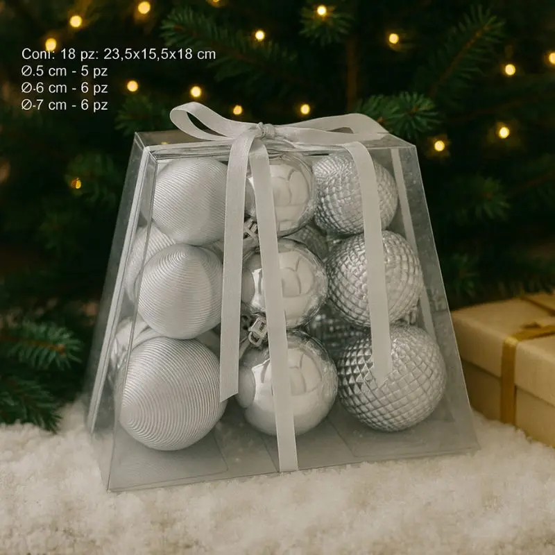 Palline Albero di Natale Bianche 18pz Ø 5/6/7cm Box Piramide PVC JNP2501-3