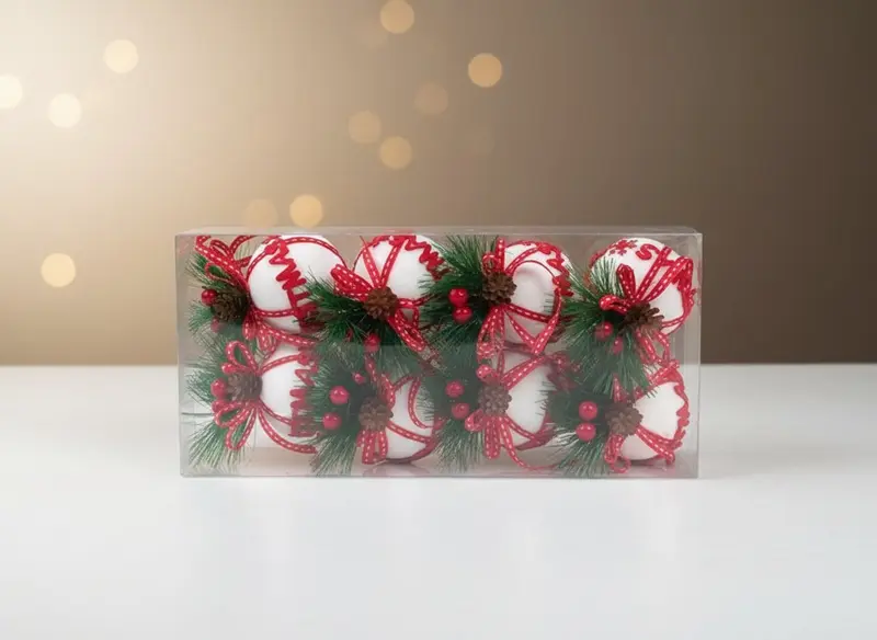 Palline Natale 6 cm Velutate Bianche con Bacche e Fiocco Merry Christmas