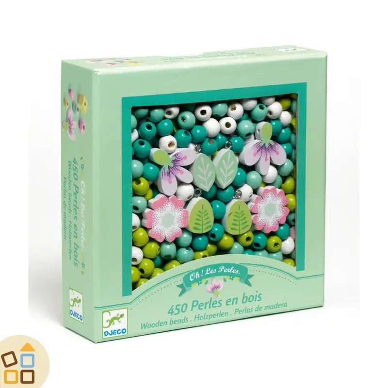 PERLE IN LEGNO, FOGLIE E FIORI VERDE