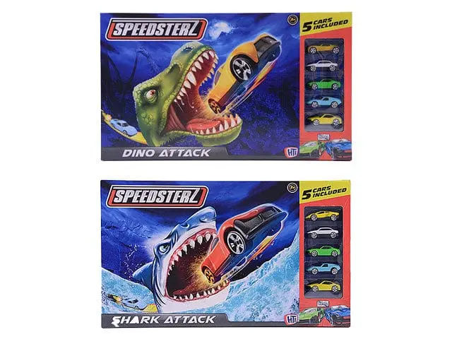 Pista Macchinine Squalo e Dino Attack, Playset con 5 Auto in Metallo