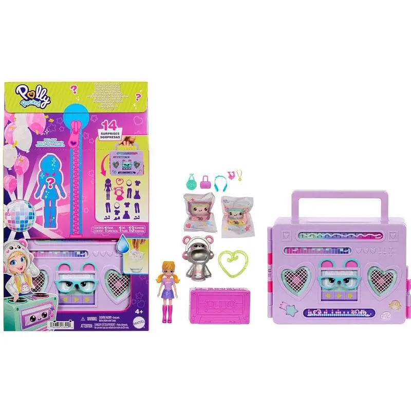 Polly Pocket Disco Dance Fashion Reveal, playset da viaggio a forma di stereo portatile con 16+ accessori - HRD65