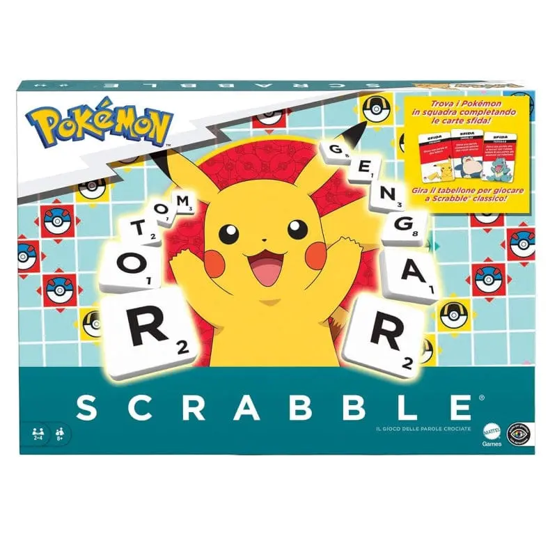 Scarabeo Pokémon, il gioco da tavolo delle parole crociate con 50 sfide dei personaggi Pokémon, versione italiana