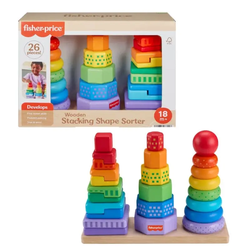 Set 3 Piramidi impilabili, 26 Pezzi in Legno +18 Mesi - Fisher Price